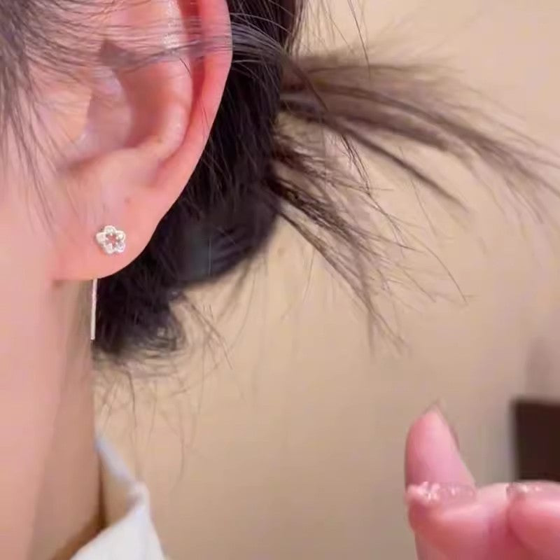 Sterling Silver Needle Silver Hollow Flower Hanging Earrings