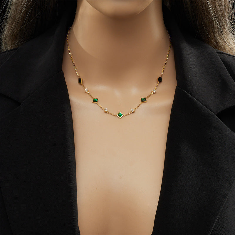 Stainless Steel Cube Emerald Zircon Personality Simple Necklace
