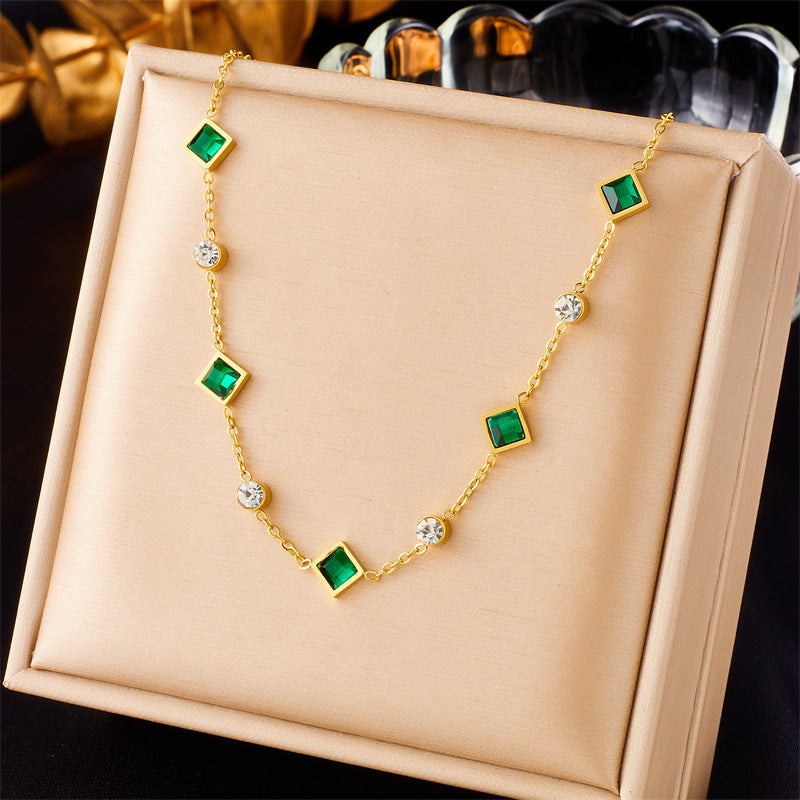 Stainless Steel Cube Emerald Zircon Personality Simple Necklace