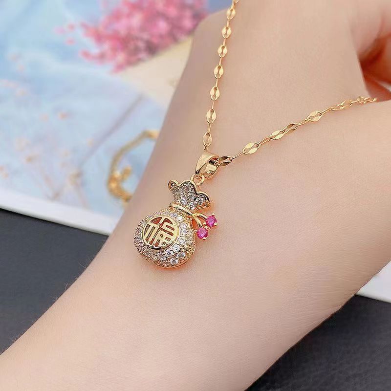 Wind Fu Character Chinese Pouch Necklace Female Personality Fashion Minority Design Purse Clavicle Chain Jewelry