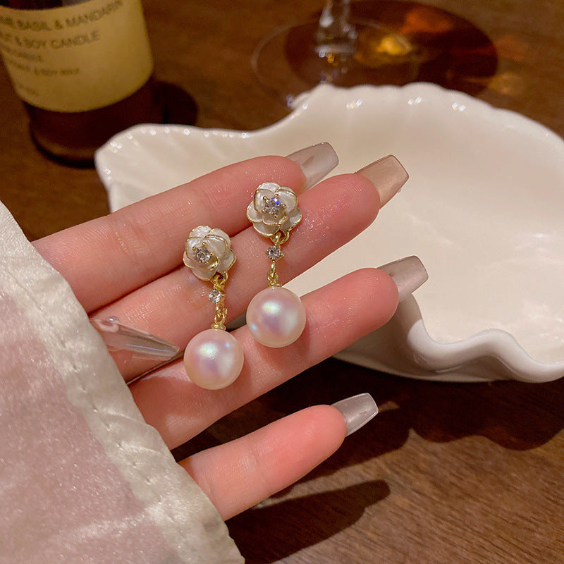 Camellia Pearl Flower Stud Earrings For Women