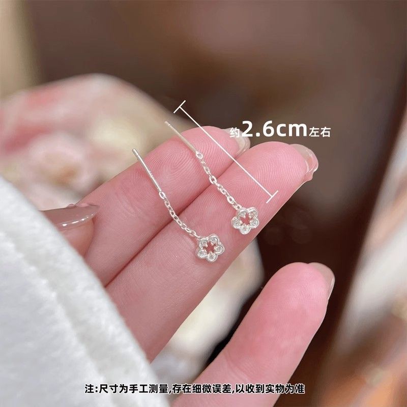 Sterling Silver Needle Silver Hollow Flower Hanging Earrings