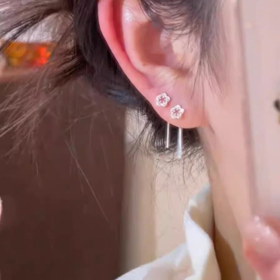 Sterling Silver Needle Silver Hollow Flower Hanging Earrings