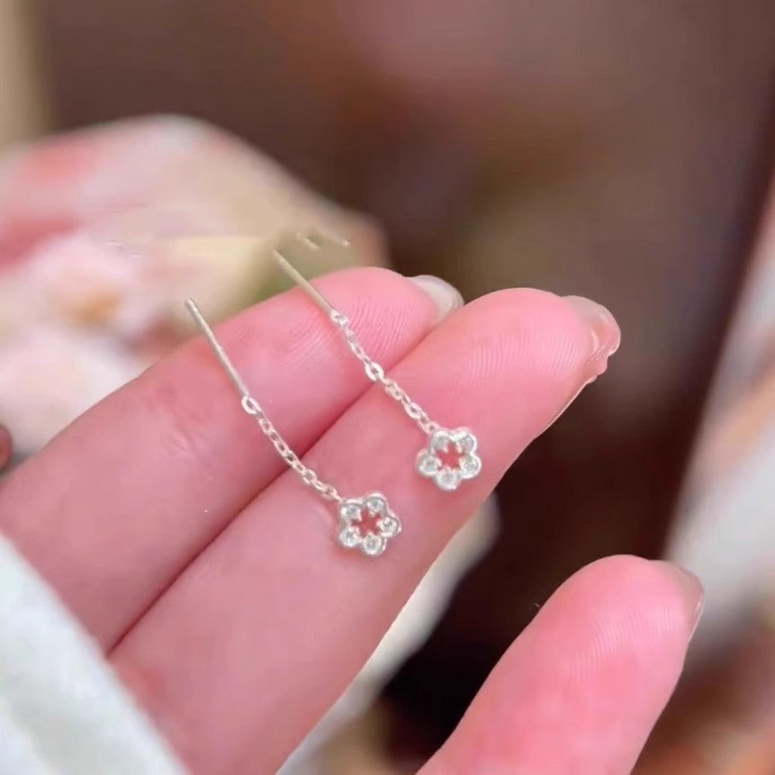 Sterling Silver Needle Silver Hollow Flower Hanging Earrings