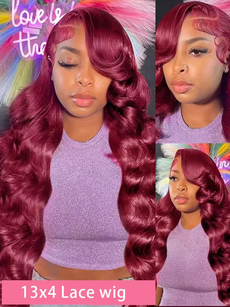200% Body Wave Wig Burgundy 99J Lace Front Wig 13x4 13x6 HD Lace Frontal Wig Human Hair Pre Plucked 99j Red Colored Wig