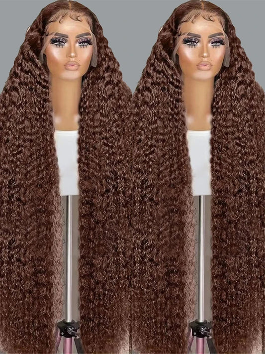 200% Chocolate Brown Deep Wave Human Hair Wig 30 34Inch Transparent Lace Frontal Wigs For Women 13x6 Lace Front Water Curly Wigs