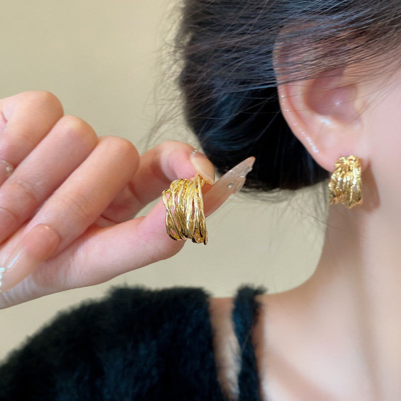 Silver Needle Retro Geometric Metal Earrings Female Niche Temperament