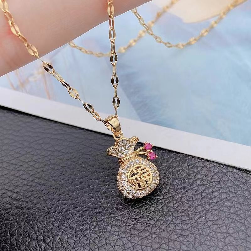 Wind Fu Character Chinese Pouch Necklace Female Personality Fashion Minority Design Purse Clavicle Chain Jewelry
